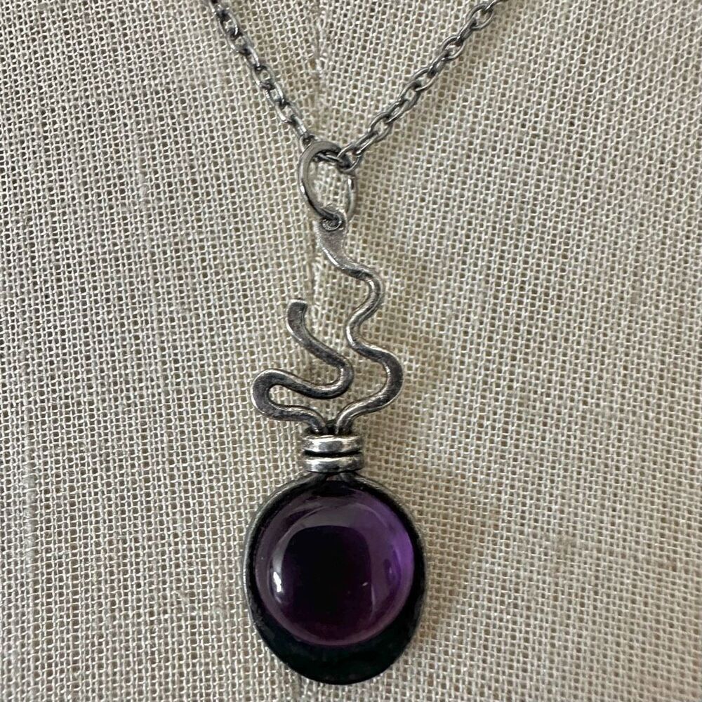 Sterling Silver Modernist Pendant Necklace with Deep Purple Cabochon